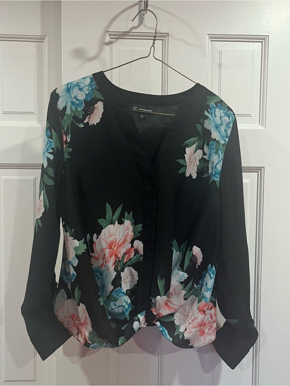 Floral V-Neck Blouse - Black with Flowers